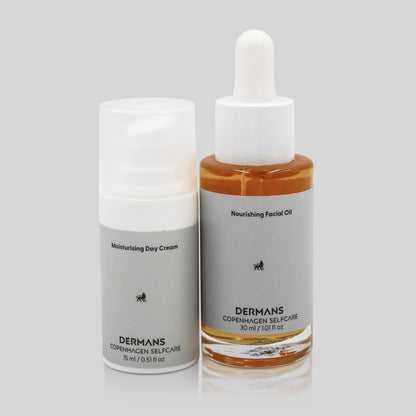 Vegansk ansigtscreme og glødgivende olie fra Dermans Signature Glow. Skånsom hudpleje til mænd, med naturlige mineral dufte.